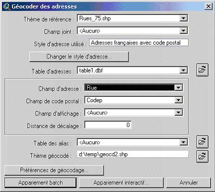 Boite de dialogue : Geocoder des adresses, EsriFrance, ArcView 3, (2005)