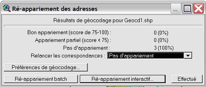 Boite de dialogue : Ré-appariement des adresses, EsriFrance, ArcView 3, (2005)