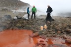 Echantillonnage des sources chaudes à Kerguelen sur le Plateau des Fumeroles, Côte Ouest de Kerguelen, Péninsule Rallier du Baty.