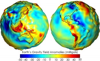  La représentation des écarts de gravimétrie donne une image exagérée des déformations de la sphère terrestre. Source : Nasa, Wikimedia Commons