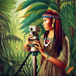 An American indian woman with a theodolite mapping a territory in the jungle in the style of Douanier Rousseau. Généré par IA craiyon